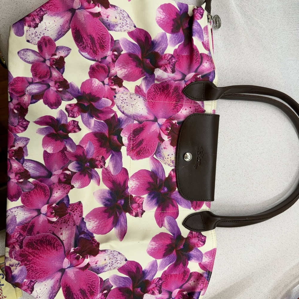 Longchamp Le pliage Limited Edition pink flower tote